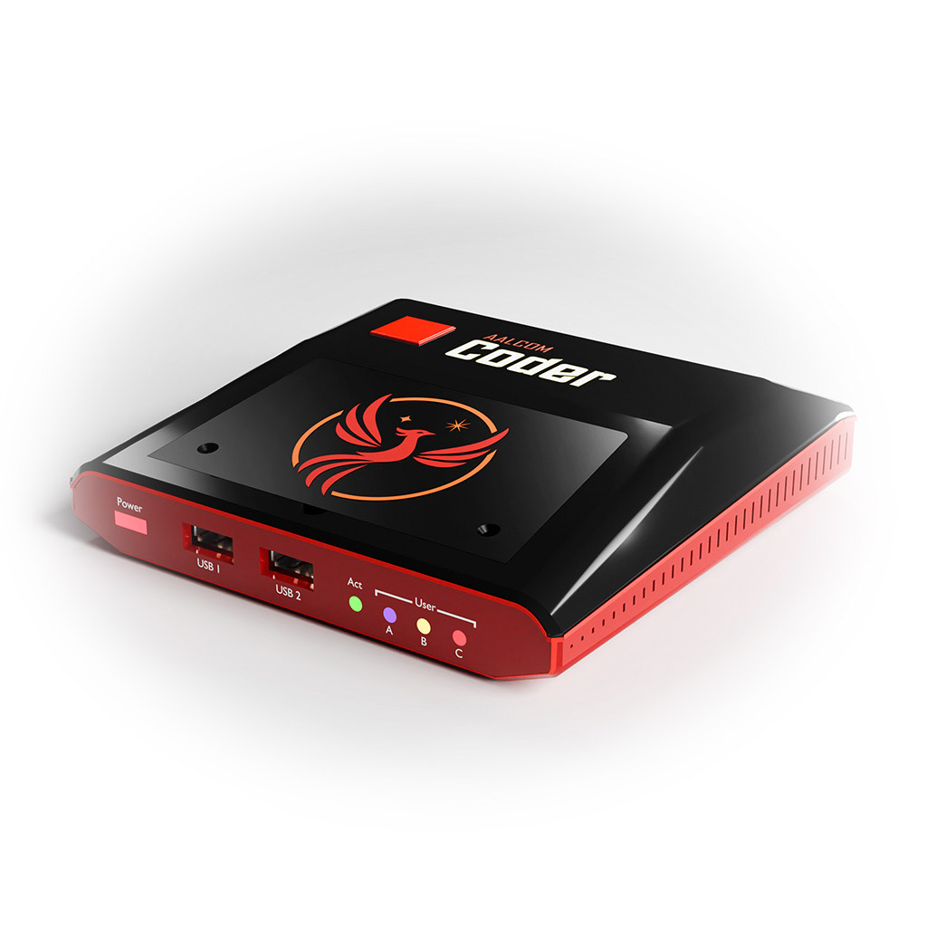 An Aalcom Coder computer - a sleek red and black design with front USB ports and LEDs.