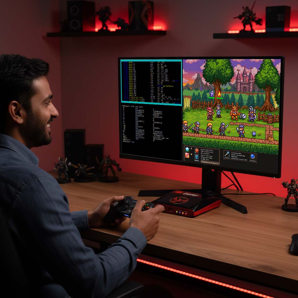 A developer happily works on his project, using an Aalcom Coder.