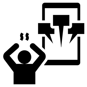 An icon of a device and a human. The device has several alerts. The human is stressed out.
