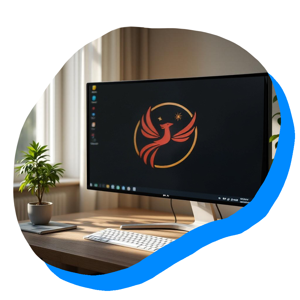 A cozy office with a monitor and keyboard on a desk. The monitor shows the Phoenix Nova logo.