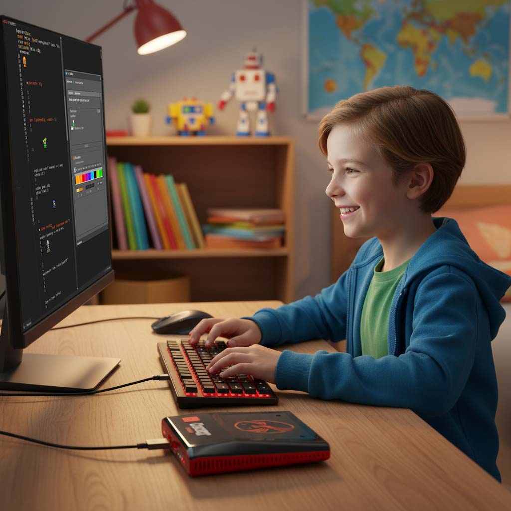 A child working happily on an Aalcom Coder.