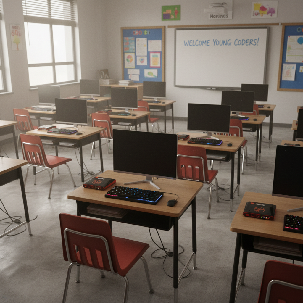 A classroom with Aalcom Coders at each desk. 